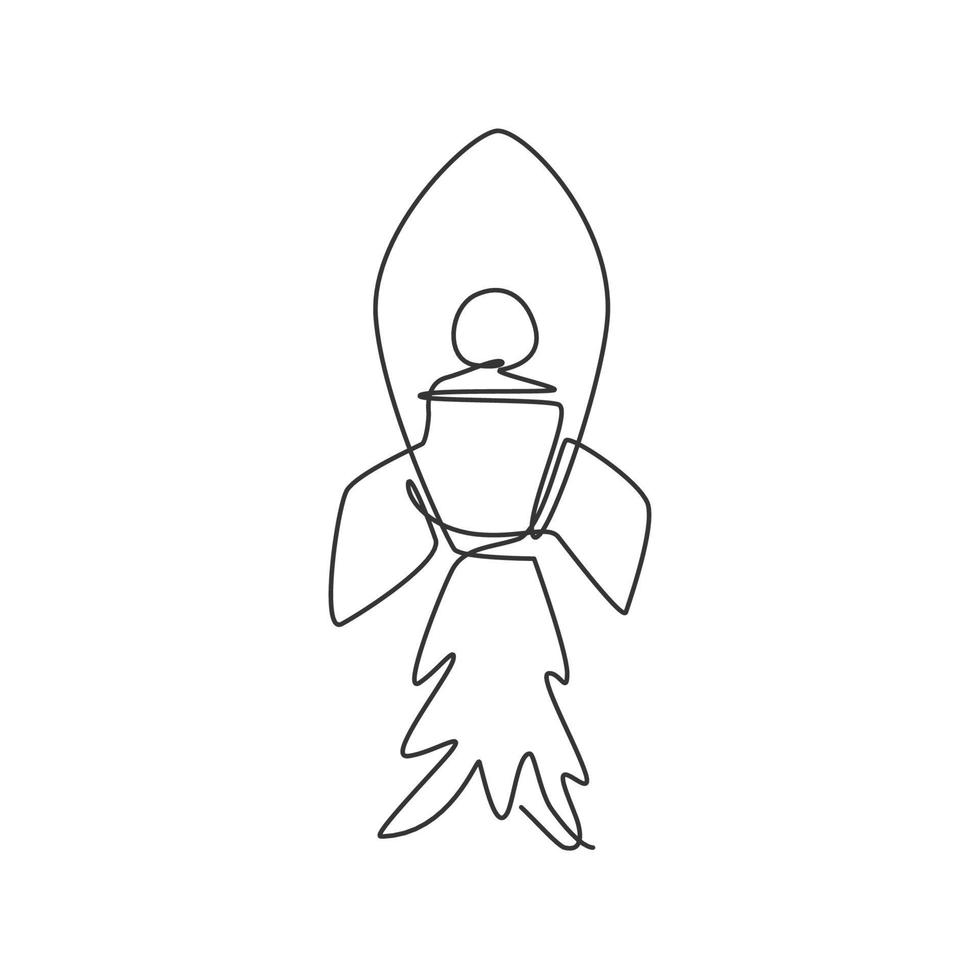 One single line drawing of rocket ship launch into outer space logo identity. Future technology company logotype icon template concept. Dynamic continuous line draw design graphic vector illustration