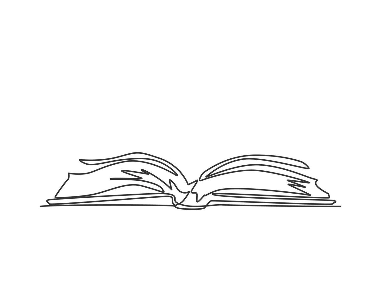 Single continuous line drawing of thick open book logo label ...