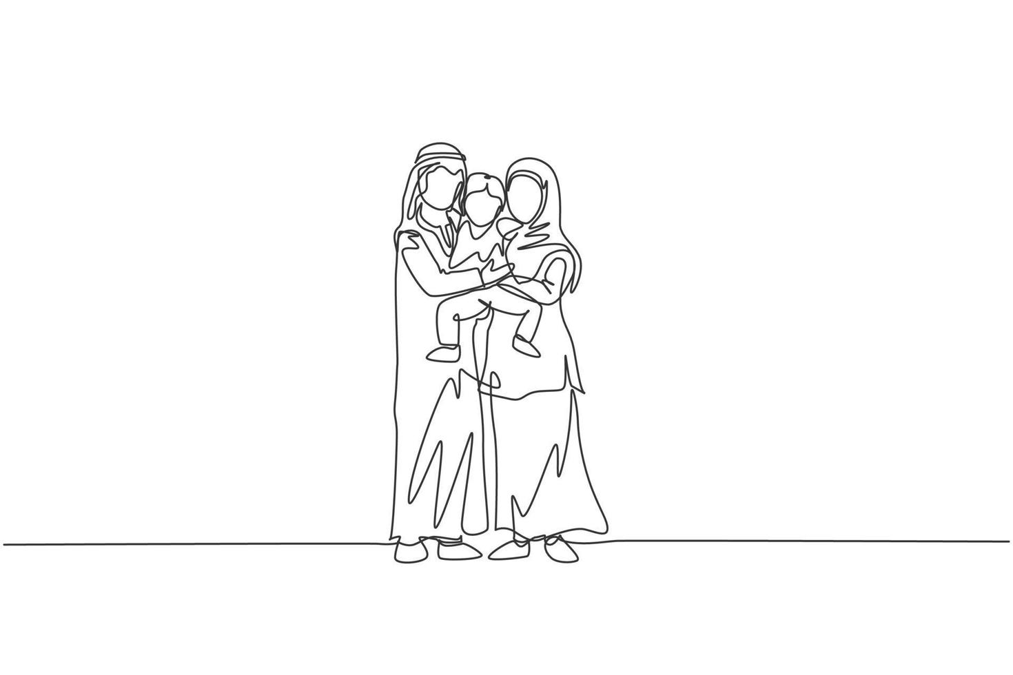 Single continuous line drawing of young happy Islamic mother and father hugging and lifting their boy son together. Muslim happy family parenting concept. One line draw design vector illustration