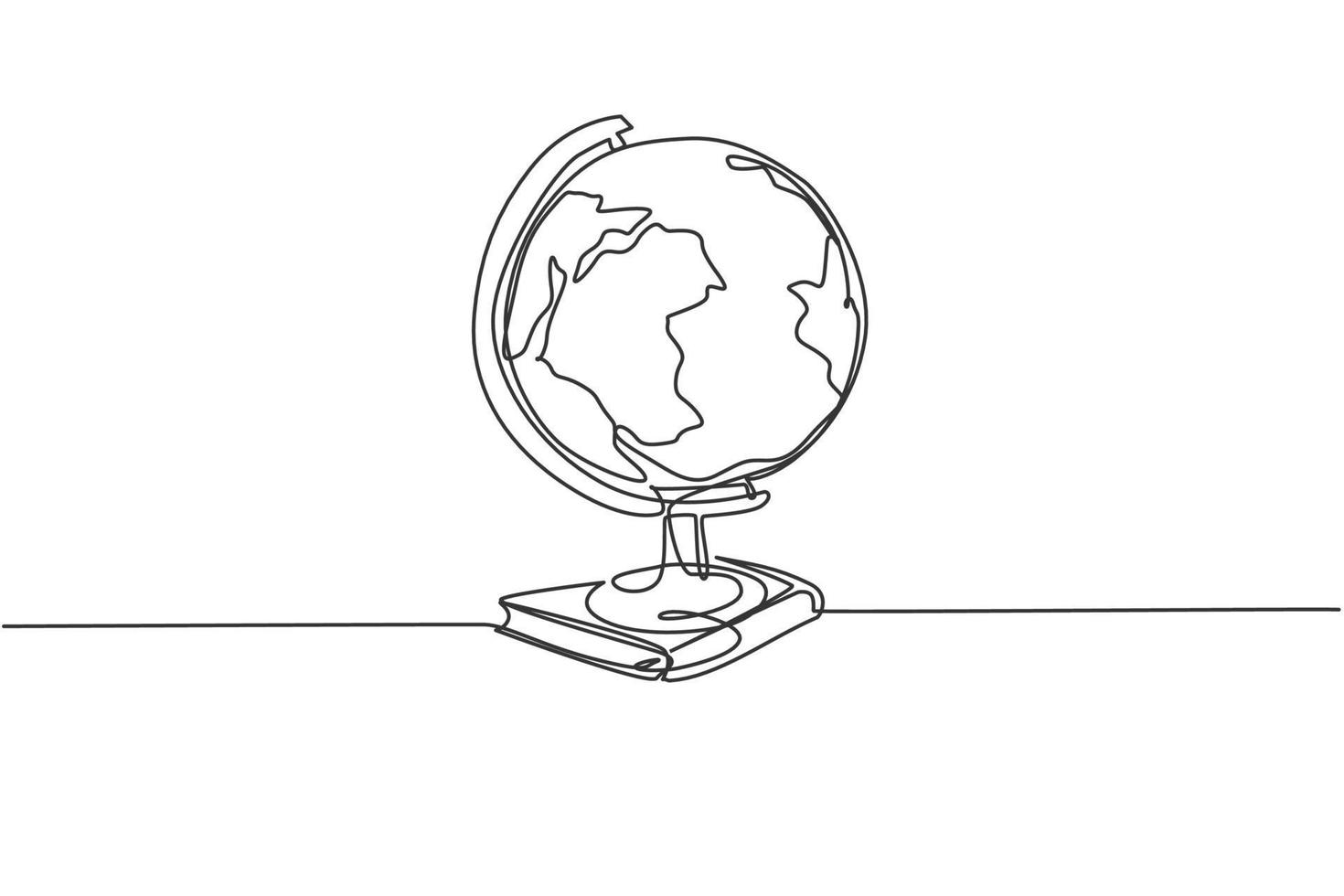 globo terráqueo sobre la pila de libros. Icono gráfico de mapa global mundial de línea continua única. Doodle simple de una línea para el concepto de educación. diseño minimalista de la ilustración del vector aislado en el fondo blanco