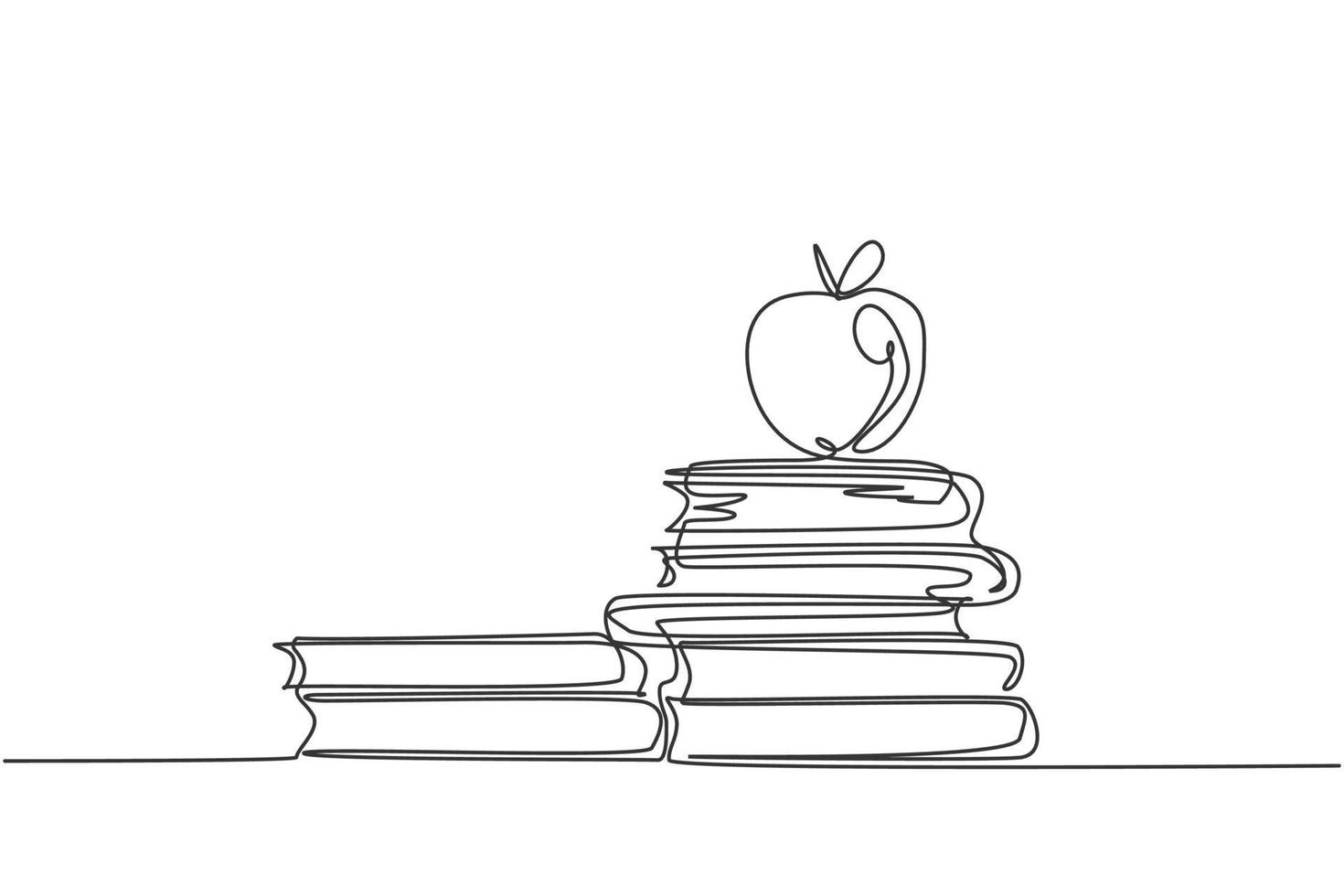 Continuous one line drawing of apple above books stack minimalist vector illustration design on white background. Isolated simple line modern graphic style. Hand drawn graphic concept for education