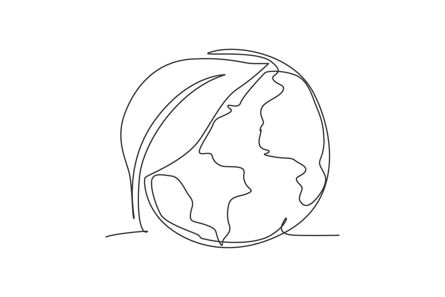 hoja verde en el globo terráqueo. Diseño de ilustración de vector minimalista de hoja de naturaleza de dibujo continuo de una línea sobre fondo blanco. estilo gráfico moderno de línea simple. concepto natural gráfico dibujado a mano