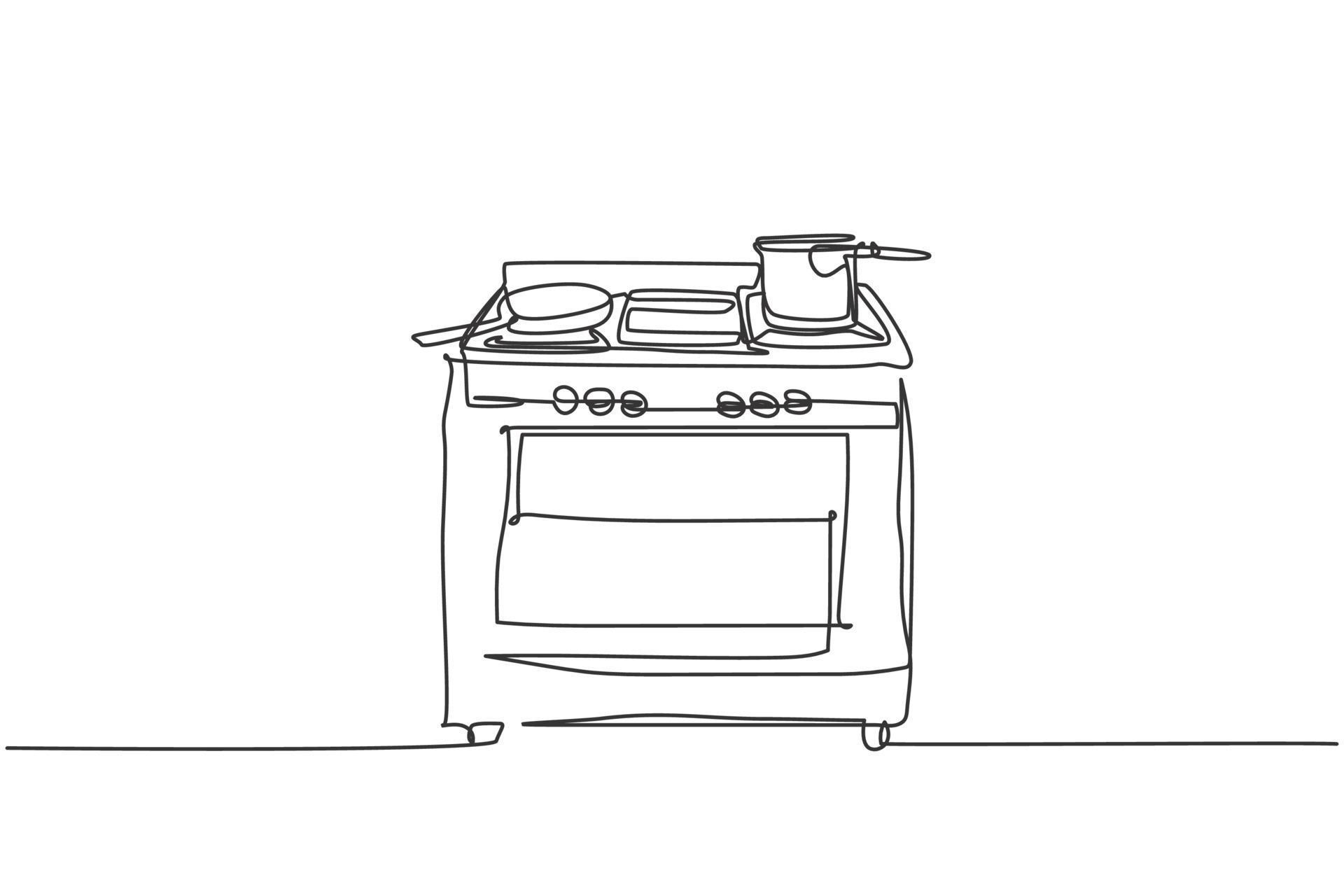 One single line drawing of gas stove with oven home appliance. Electricity household kitchenware