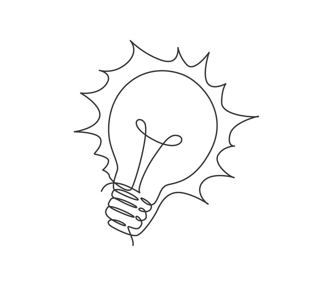 Single continuous line drawing of shining lightbulb for creativity logo label. Power innovation logotype symbol template concept. Dynamic one line draw graphic vector illustration