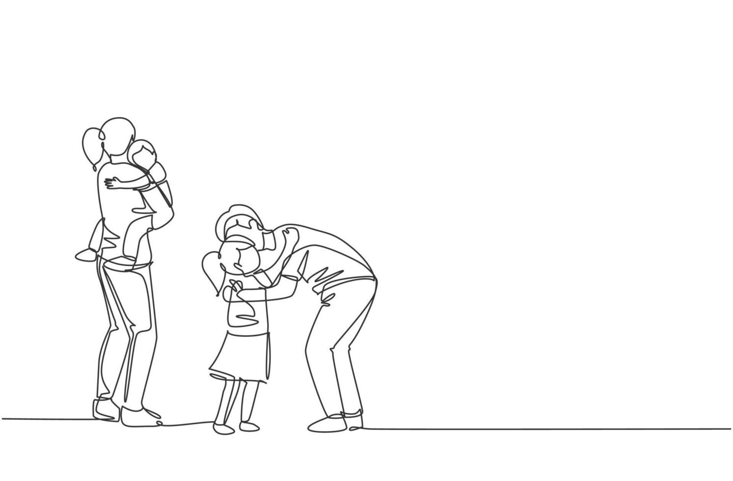 One continuous line drawing of young father hugging his daughter before go to the office while mother carrying son at home. Happy family parenting concept. Single line draw design vector illustration