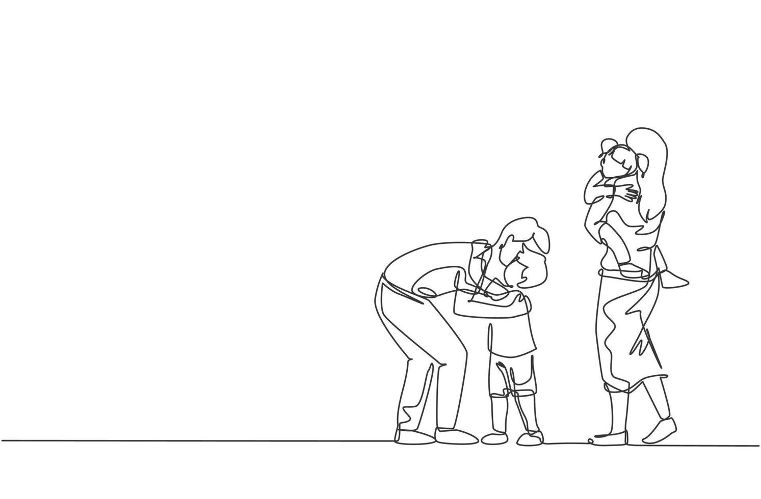 Un dibujo de una sola línea de un padre joven abrazando a su hijo antes de ir a la oficina, mientras que la mamá lleva a su hija en la ilustración de vector de casa. concepto de crianza de los hijos de familia feliz. diseño de dibujo de línea continua