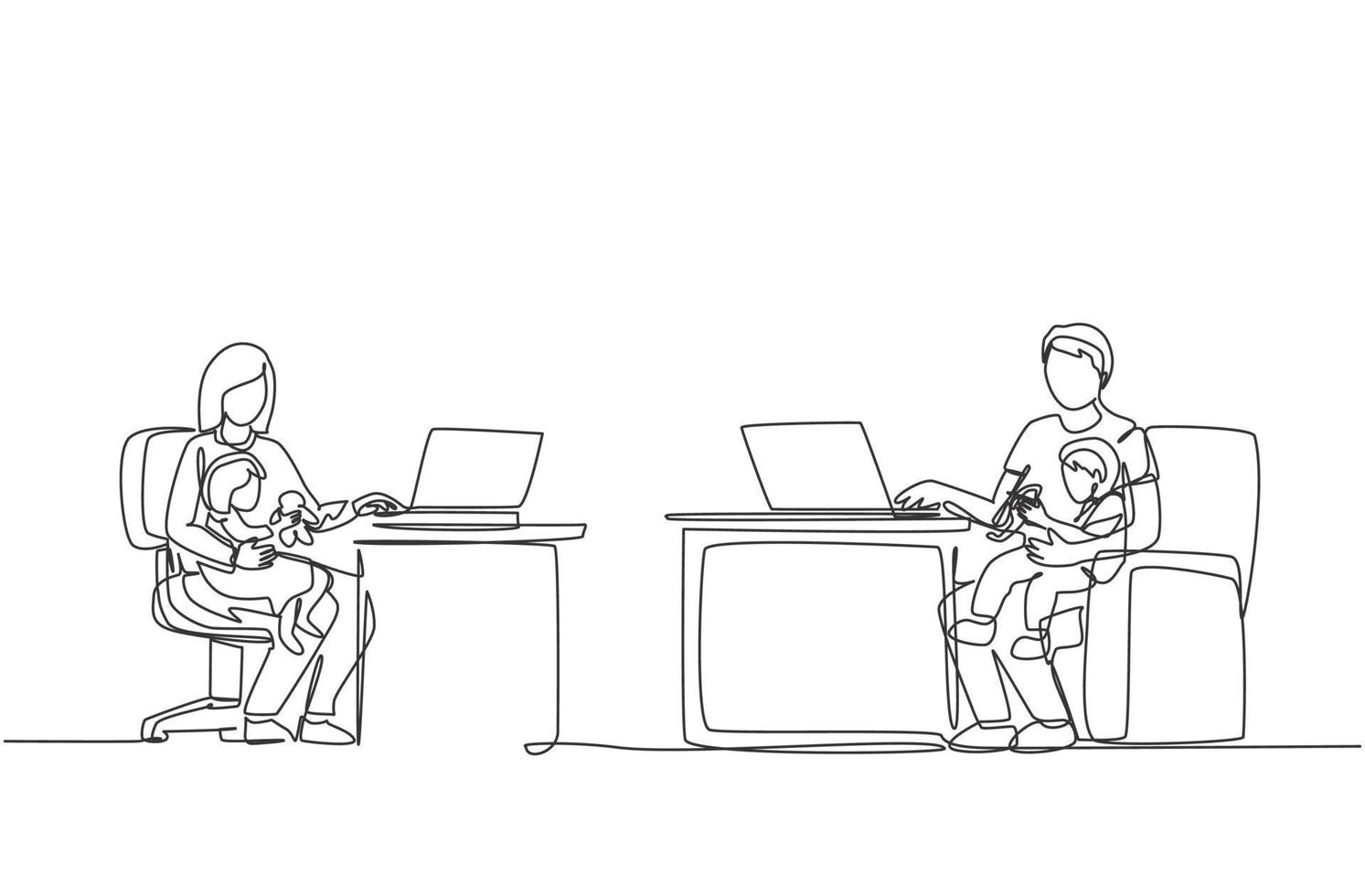 One continuous line drawing of young mom and dad sitting on chair while typing on laptop and carrying their kid. Happy family parenting concept. Dynamic single line draw design vector illustration