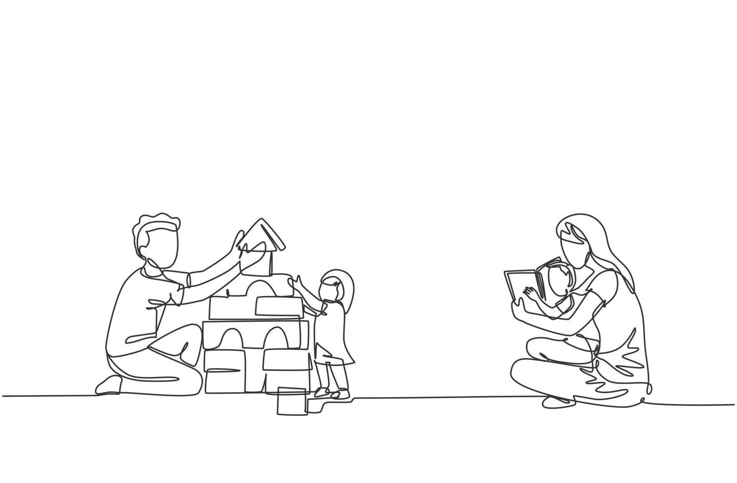 Single continuous line drawing of young mom reading book to son and dad playing block puzzle house with daughter at home. Happy family parenting concept. One line draw design vector illustration