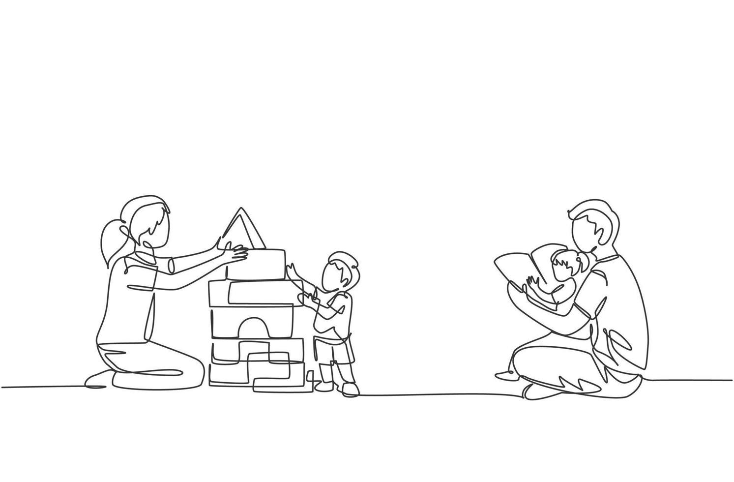 One single line drawing of young father reading book to daughter and mother playing block puzzle house with son at home vector illustration. Happy family parenting concept. Continuous line draw design