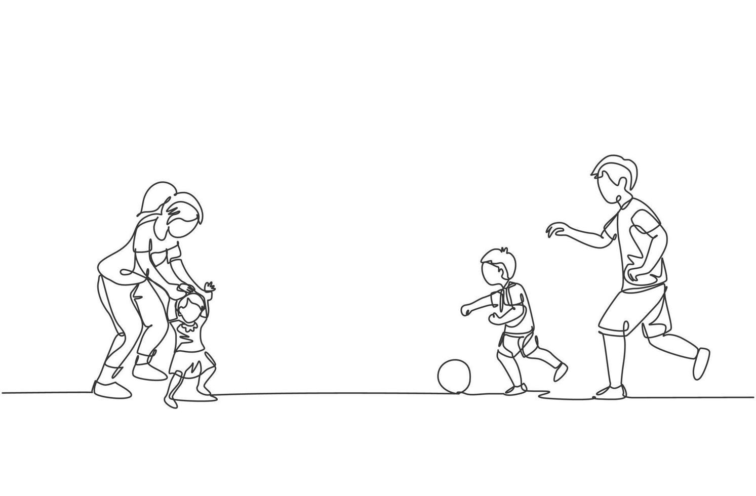 One continuous line drawing of young father playing soccer with son while mother teaching daughter to walk at field. Happy family parenting concept. Dynamic single line draw design vector illustration