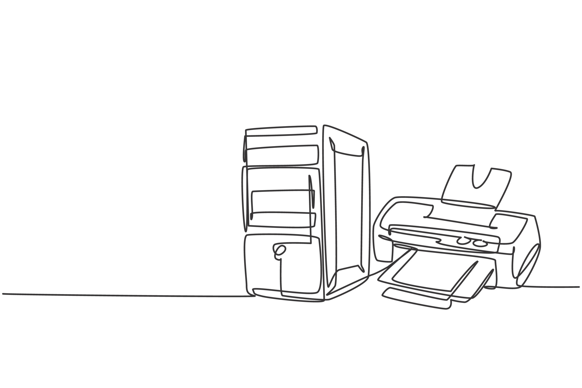 One single line drawing of cpu computer with inkjet printer for small