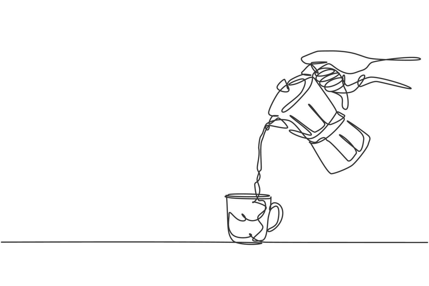 One single line drawing of young happy barista pouring hot chocolate coffee to cup above the table. Cafe drink menu concept. Dynamic continuous line graphic draw vector design illustration