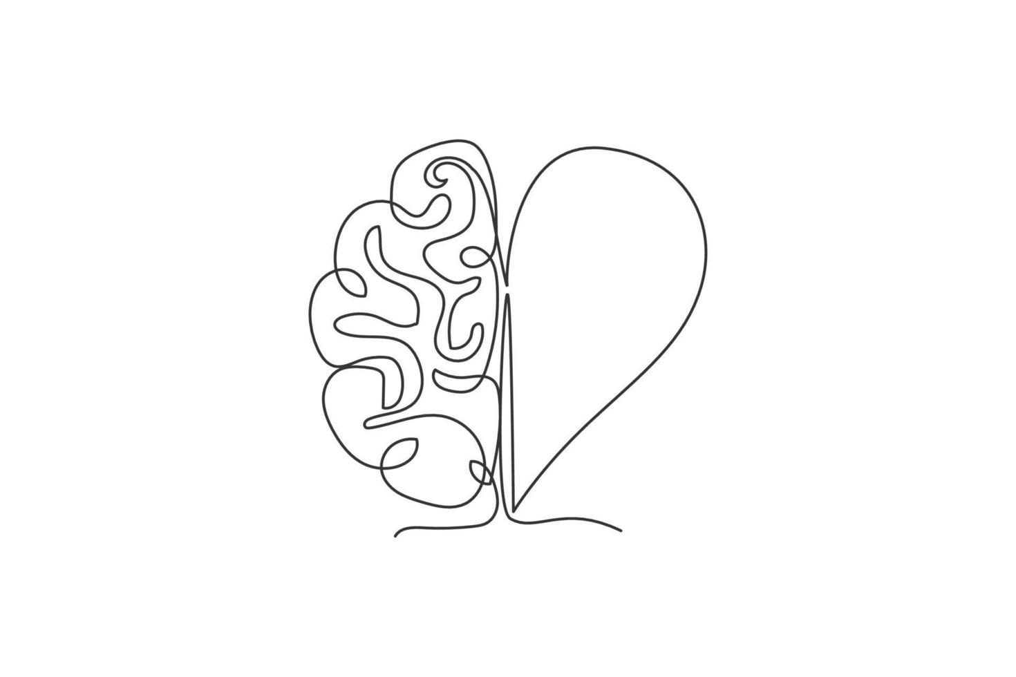 un dibujo de línea continua de la mitad del cerebro humano y el icono del logotipo en forma de corazón de amor. concepto de plantilla de símbolo de logotipo de afecto dividido psicológico. Ilustración de vector de diseño de dibujo de línea única de moda