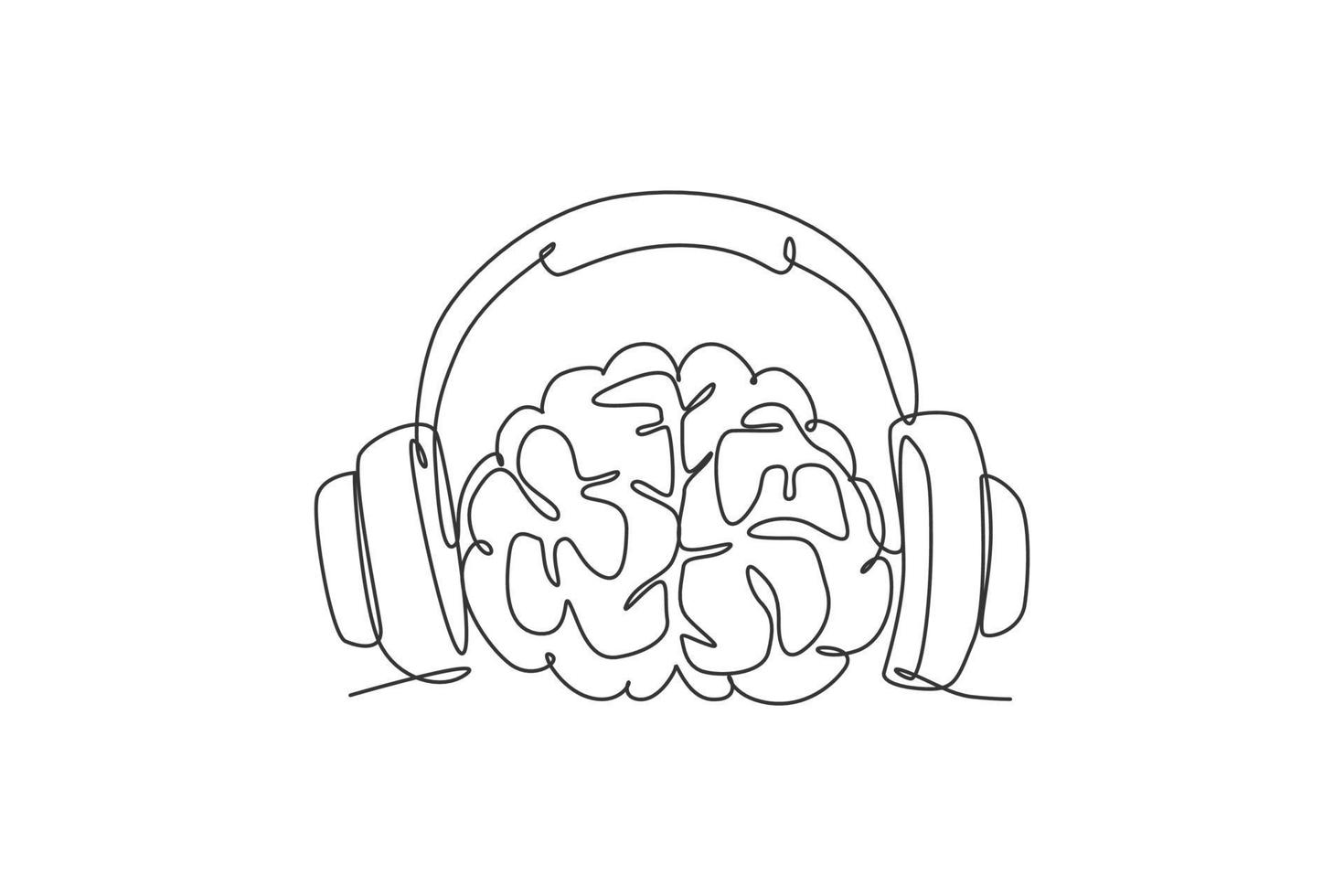 Single continuous line drawing of human brain listening music beat for musical company logo label. Smart audio dj logotype icon concept. Modern one line draw graphic design vector illustration