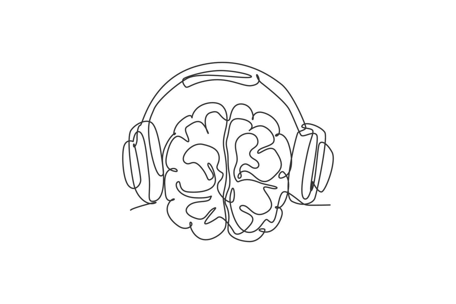 un dibujo de línea continua del cerebro humano escuchando música con el icono del logotipo de los auriculares de alambre. concepto de plantilla de símbolo de logotipo de dj inteligente. Ilustración de vector de diseño gráfico de dibujo de línea única de moda