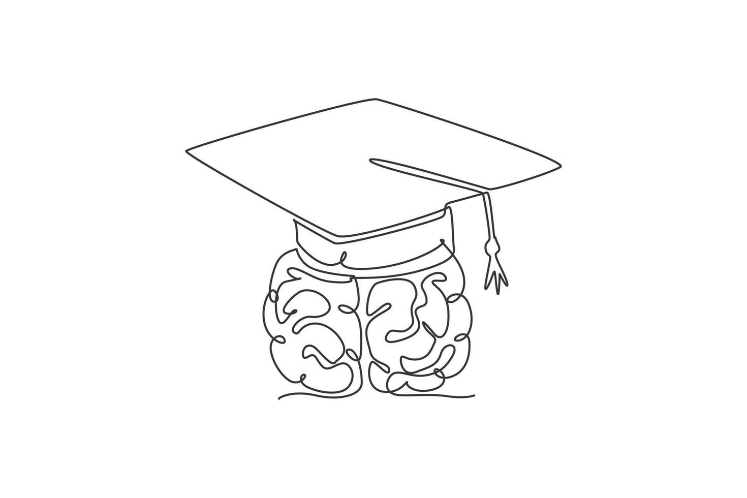 dibujo de una sola línea continua del cerebro humano con la etiqueta del logotipo de la gorra de graduación. concepto de icono de logotipo de curso de estudio académico. Ilustración de vector de diseño gráfico de dibujo de una línea moderna