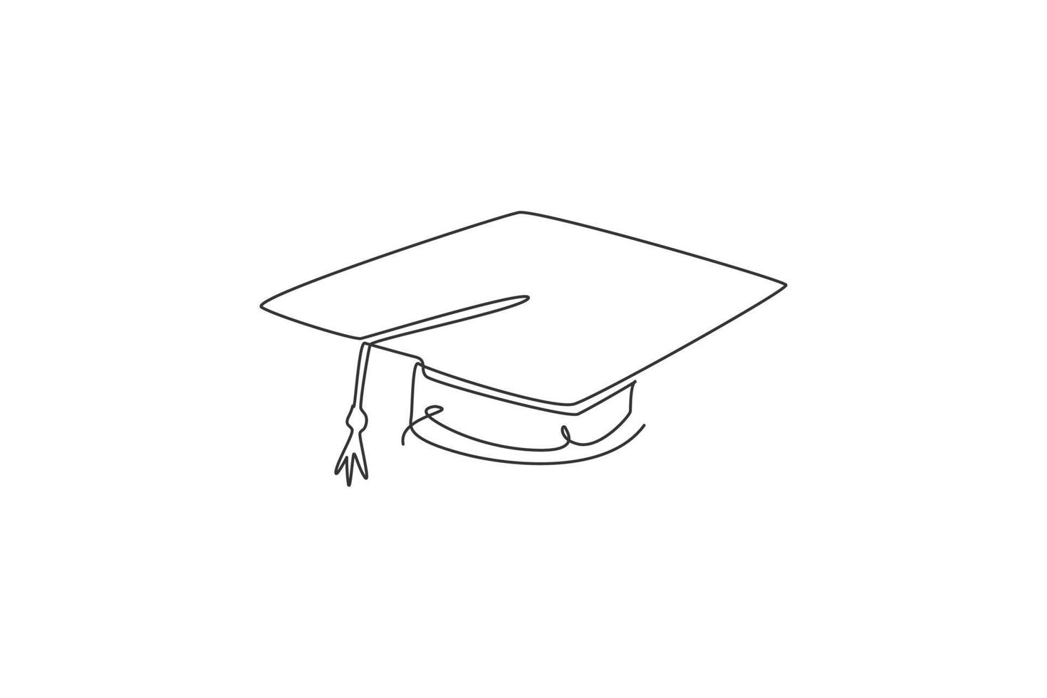 One continuous line drawing of graduation cap for graduating ceremony equipment logo icon. University grad uniform logotype symbol template concept. Trendy single line draw design vector illustration