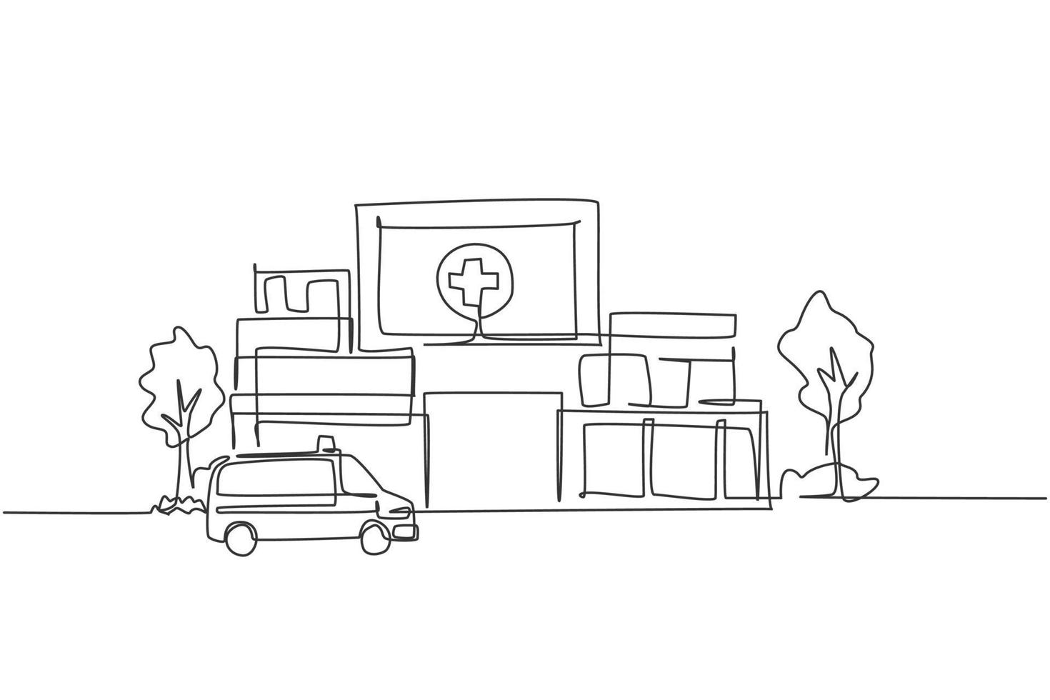 Continuous one line drawing hospital building construction at countryside. Medical health care infrastructure hand drawn minimalist concept. Modern single line draw design vector graphic illustration