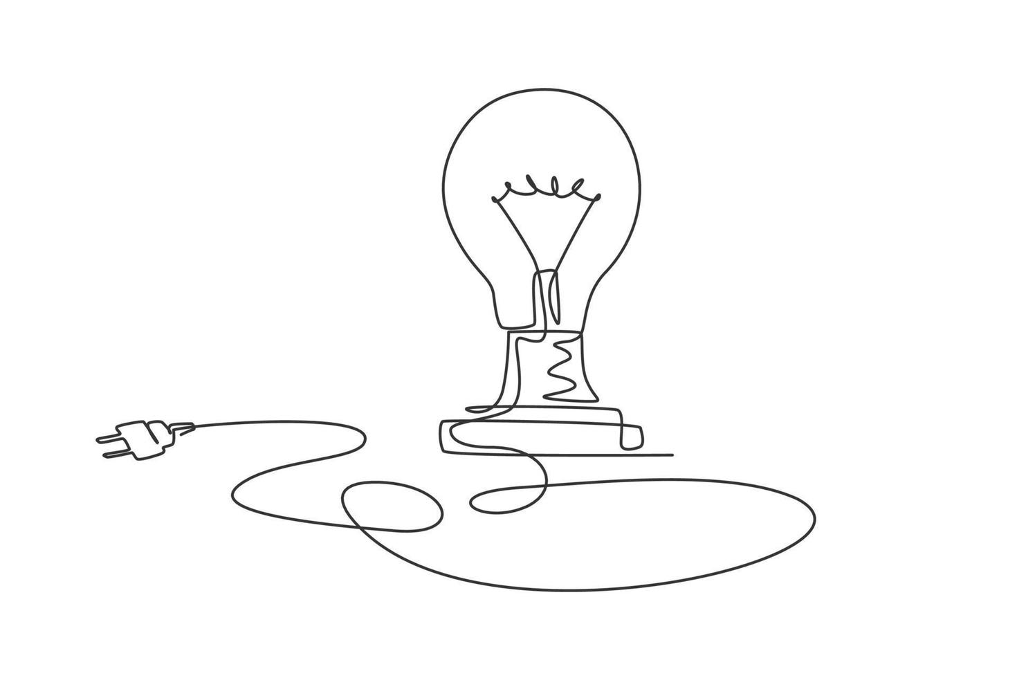 One single line drawing of light bulb on the floor with long wire. Inspiration idea creativity icon concept from glass bulb. Trendy continuous line draw design vector illustration