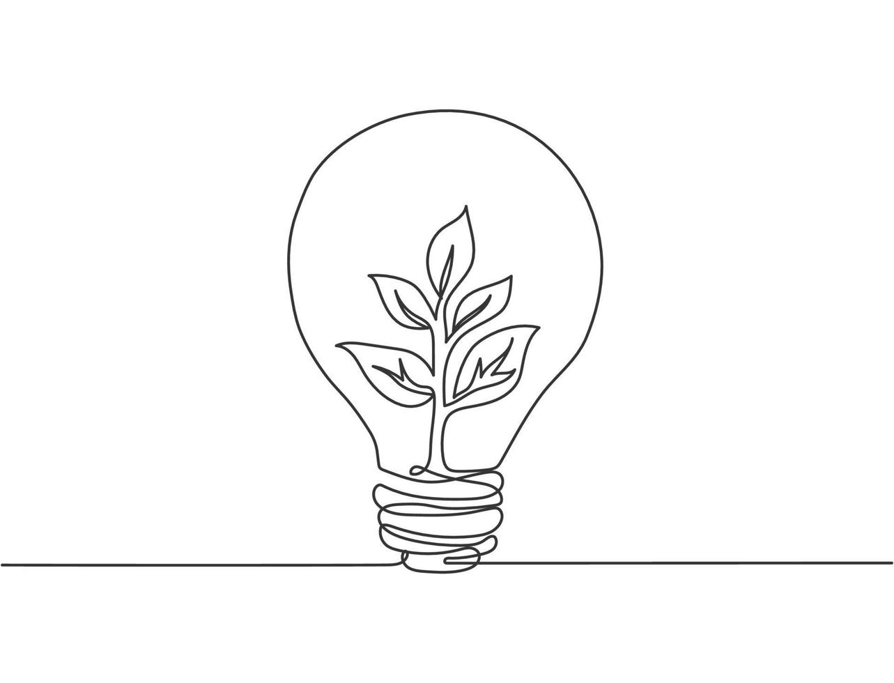 Single continuous line drawing of lightbulb with green natural leaf for company logo label. Green power innovation logotype symbol template concept. Dynamic one line draw graphic vector illustration