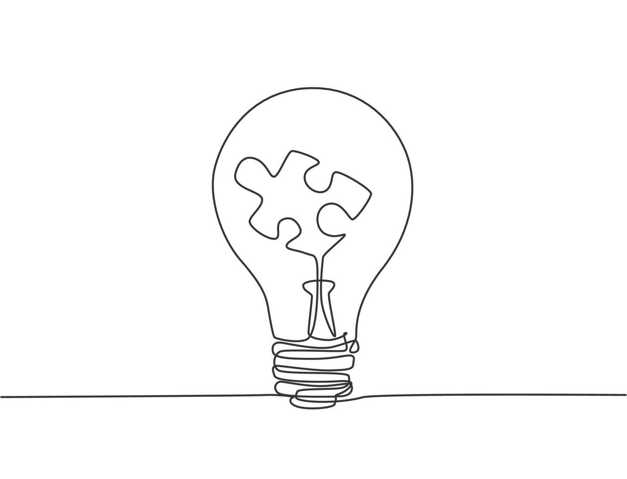 One single line drawing of lightbulb with piece of puzzle inside for creative company logo identity. Innovation idea icon concept. Trendy continuous line draw design vector illustration