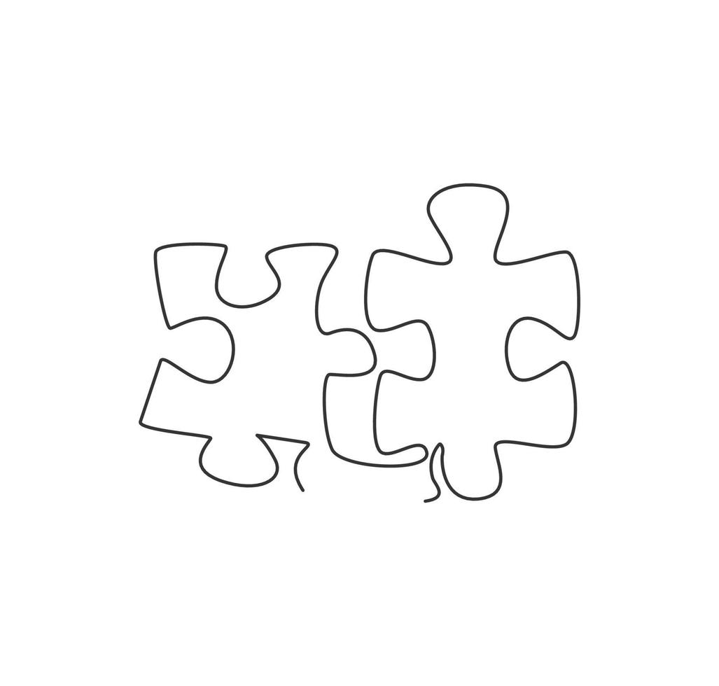 One single line drawing of puzzle pieces for connection company logo identity. Teamwork business icon concept from jigsaw shape. Trendy continuous line draw design vector illustration
