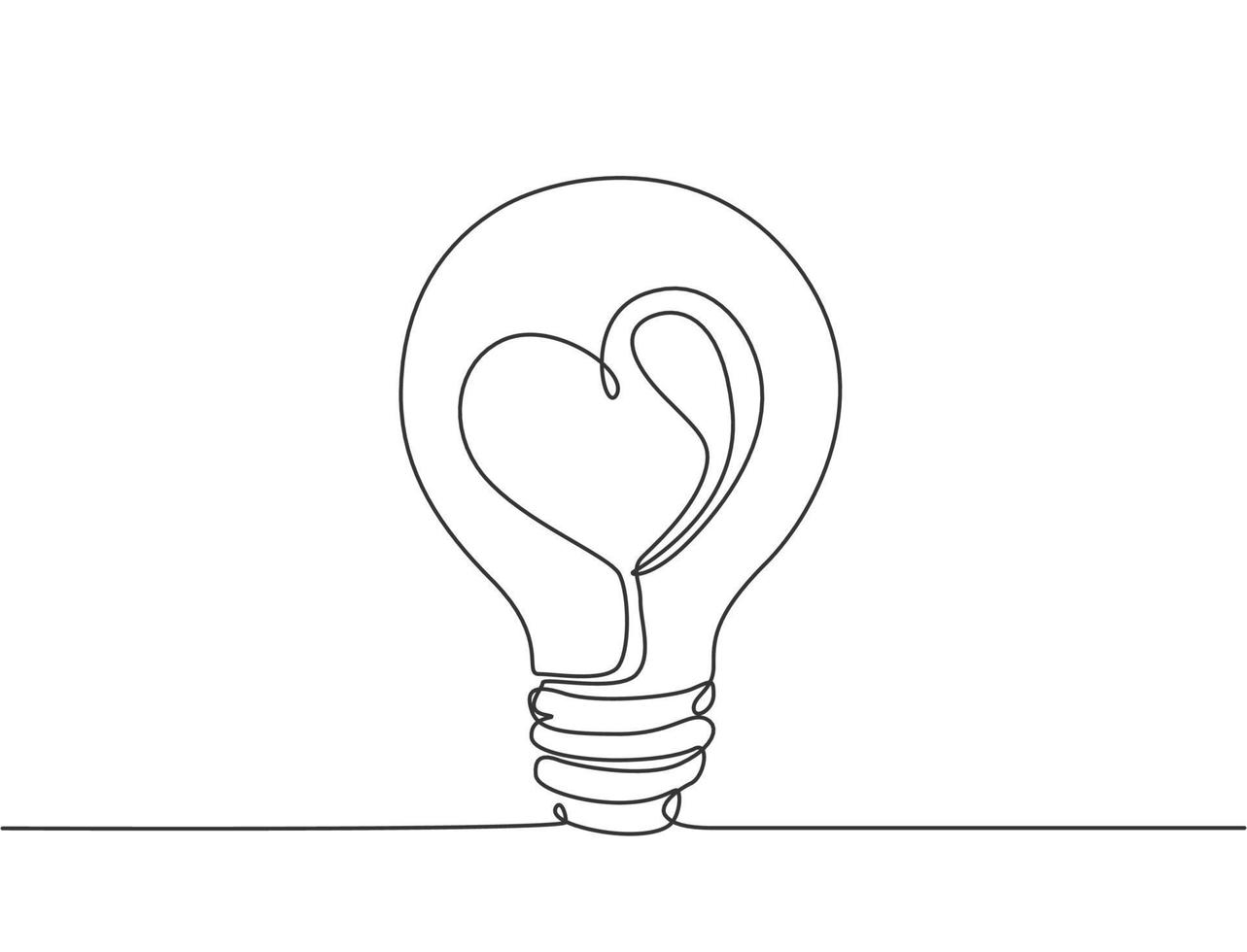 One continuous line drawing of shining lightbulb with power love icon logo emblem. Creative attraction symbol logotype template concept. Modern single line draw design graphic illustration vector