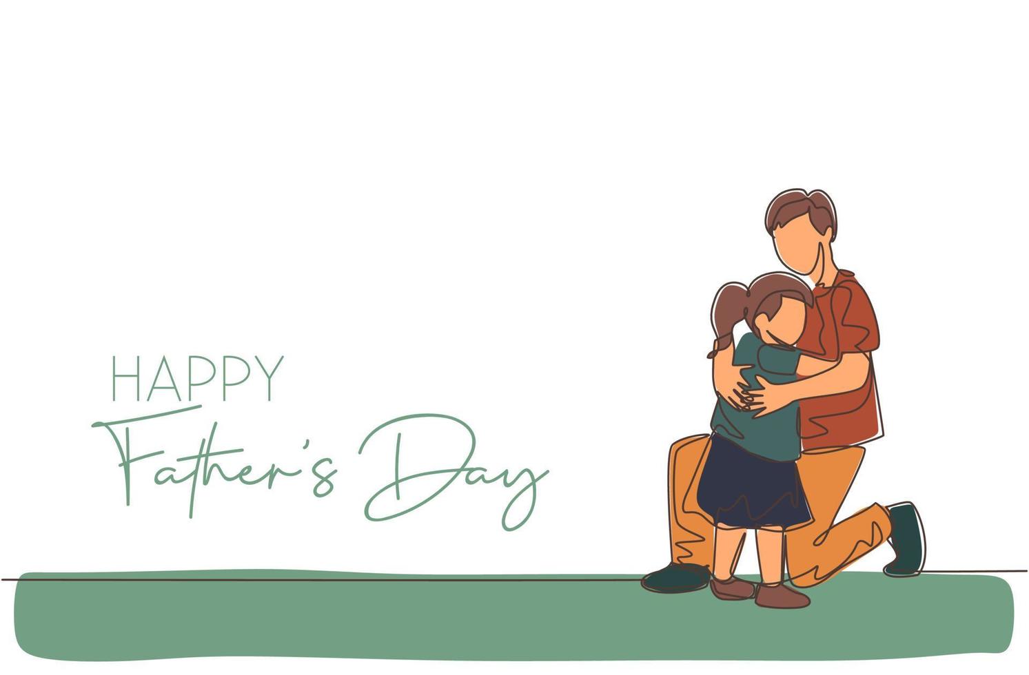 One continuous line drawing of young dad hugging his daughter before go to school. Happy father's day concept. Greeting card with typography. Dynamic single line draw design vector illustration