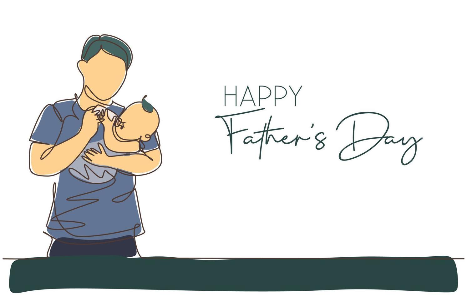 un dibujo de una sola línea de un padre joven que alimenta a su bebé con una ilustración de vector de cuidado. concepto de feliz día del padre. tarjeta de felicitación con tipografía. diseño moderno de dibujo de línea continua