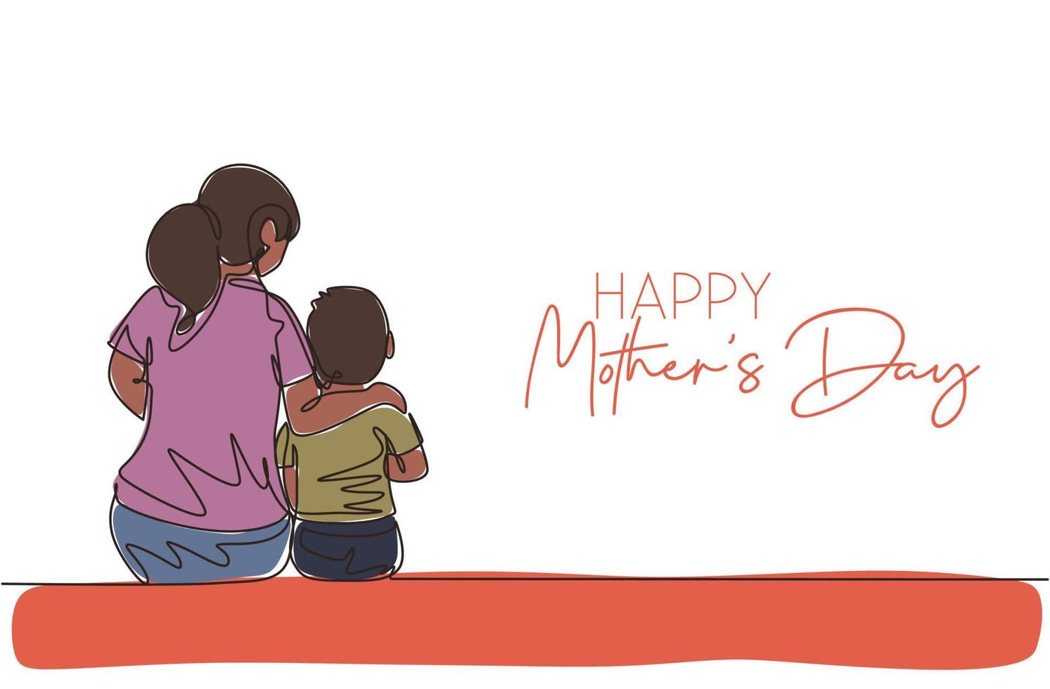 One continuous line drawing of young mother siting with his son telling good story. Happy mother's day concept. Greeting card with typography. Dynamic single line draw design vector illustration