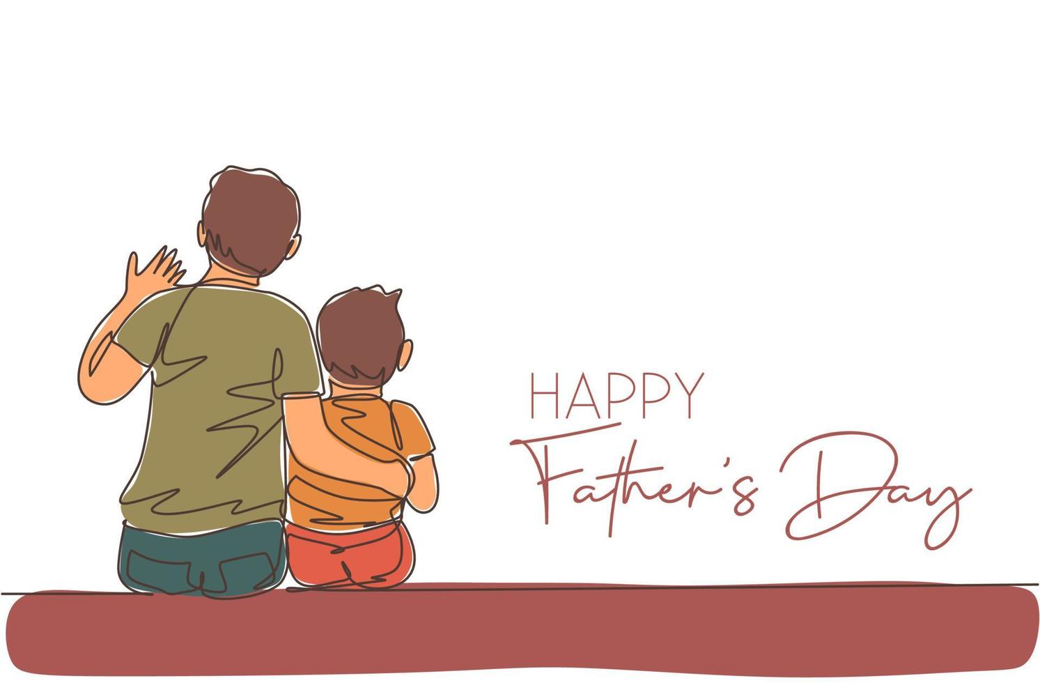 One single line drawing of young dad siting with his son talking future ambition vector illustration. Happy father's day concept. Greeting card with typography. Modern continuous line draw design