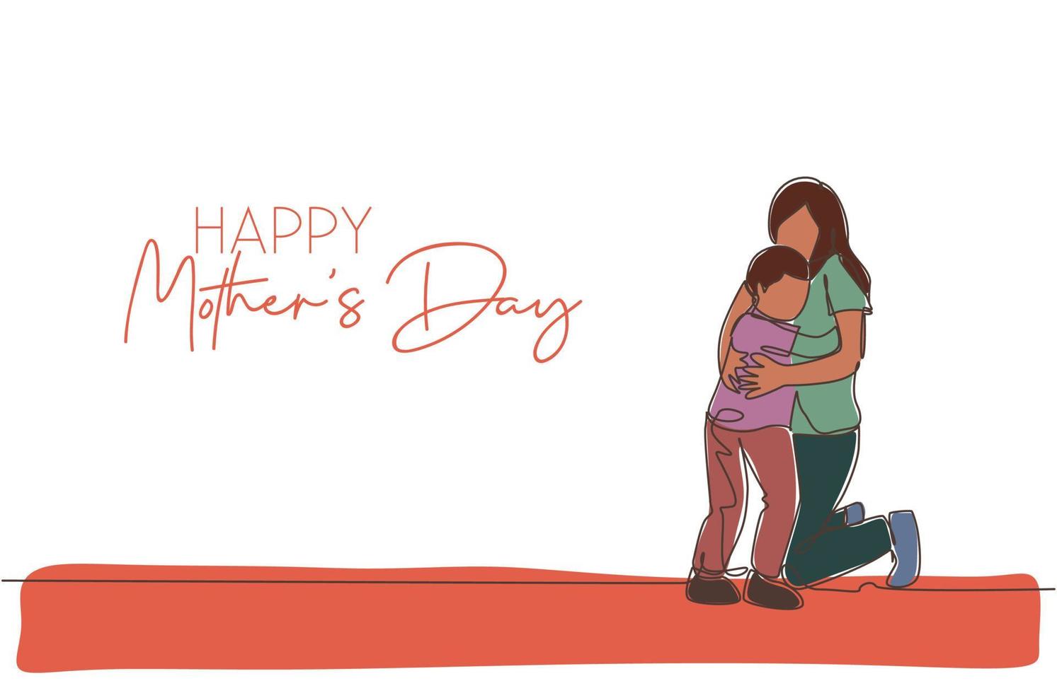 dibujo de una sola línea continua de una madre joven abrazando a su hija antes de ir a la escuela. concepto de feliz día de la madre. tarjeta de felicitación con tipografía. Ilustración de vector de diseño de dibujo de una línea de moda