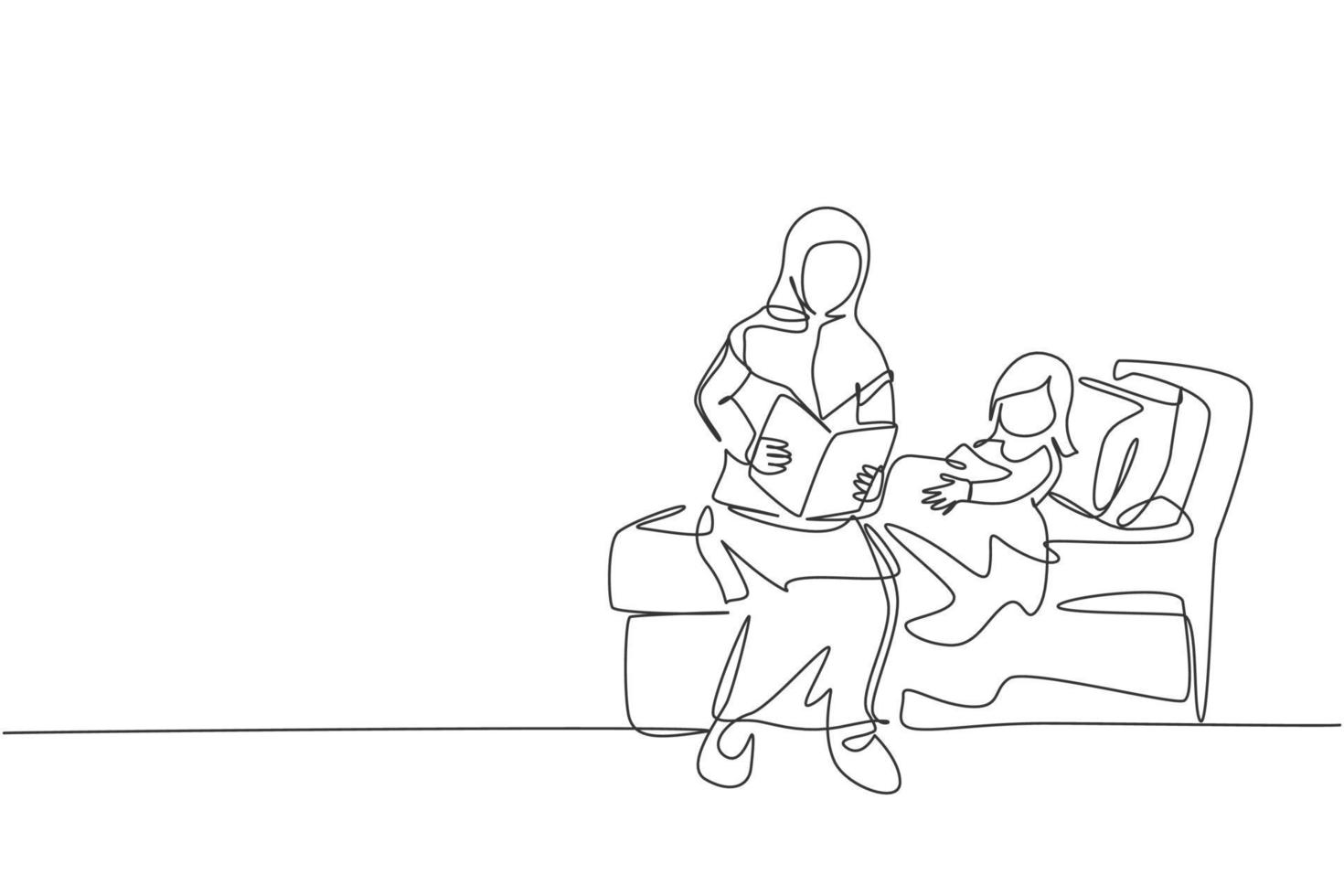 One single line drawing of young Islamic mom read bedtime story book to her daughter before sleep vector illustration. Happy Arabian muslim family parenting concept. Modern continuous line draw design