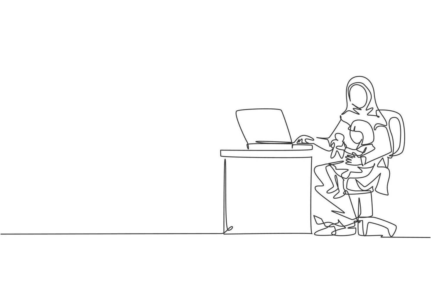 One single line drawing of young Islamic mom work from home while holding her daughter on lap vector illustration. Happy Arabian muslim family parenting concept. Modern continuous line draw design