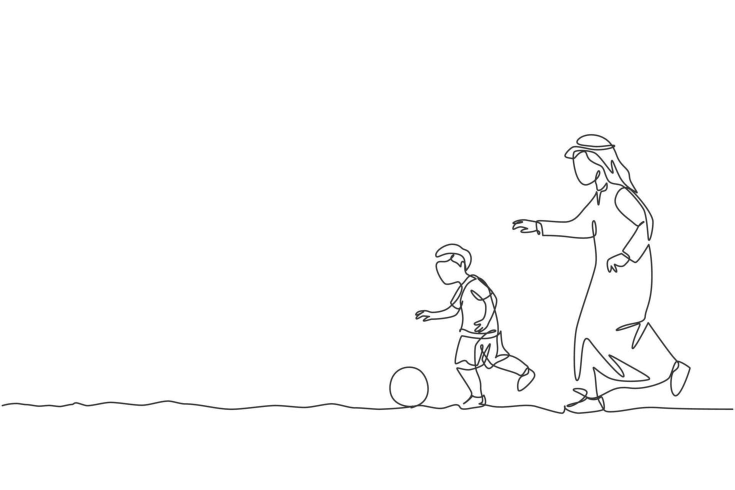 One continuous line drawing of young Arabian father and his son running and playing football. Happy Islamic muslim loving parenting family concept. Dynamic single line draw design vector illustration