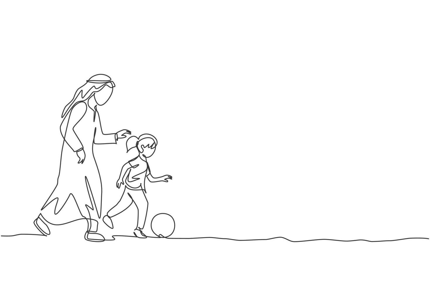 One single line drawing of young Arabian dad playing soccer with his daughter girl at field park vector illustration. Happy Islamic muslim family parenting concept. Modern continuous line draw design