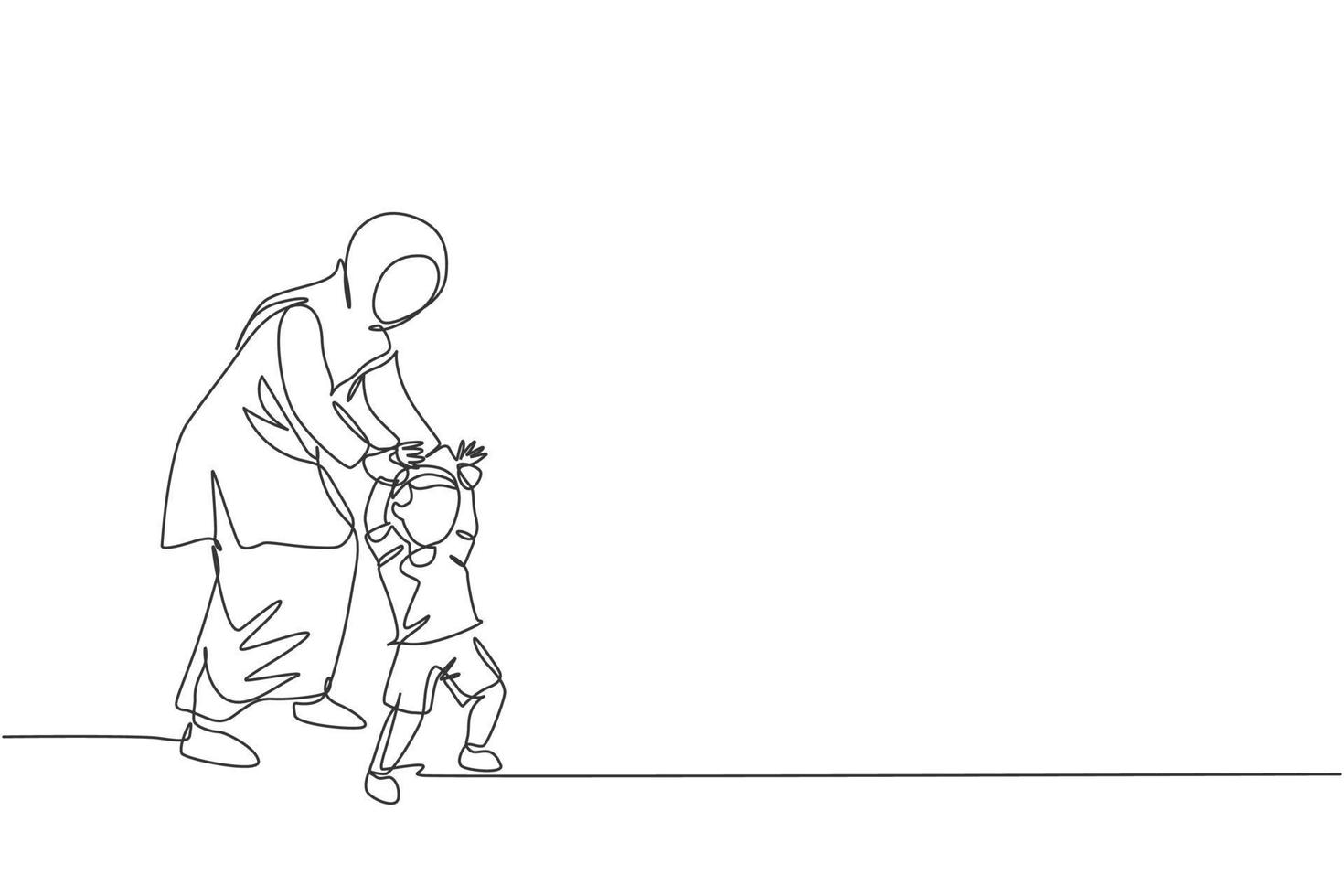 dibujo de una sola línea de la joven madre árabe sosteniendo la mano de su hijo, enseñando a caminar ilustración vectorial. feliz concepto de crianza de los hijos de la familia musulmana islámica. diseño moderno de dibujo de línea continua vector