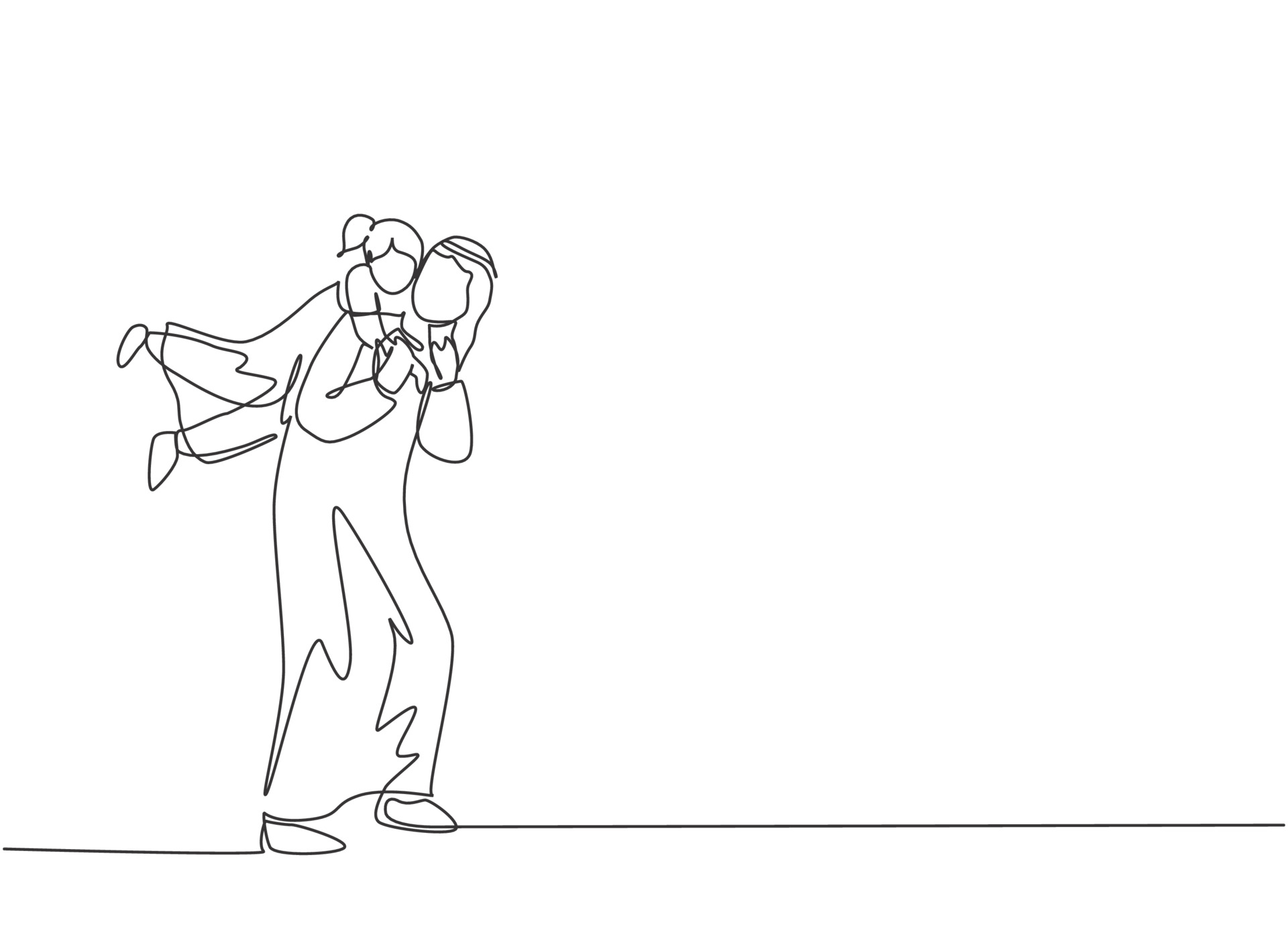 One continuous line drawing of young Arabian dad holding daughter on the back and play together. Happy Islamic muslim parenting family concept. Dynamic single line draw design vector illustration 3510822 Vector Art One continuous line drawing of young Arabian dad holding daughter on the back and play together. Happy Islamic muslim parenting family concept. Dynamic single line draw design vector illustration 3510822 Vector Art