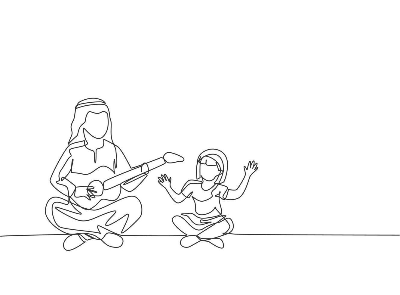 Un solo dibujo de línea continua de un joven padre árabe entretiene a su hija tocando la guitarra en el suelo. concepto de paternidad de familia feliz musulmana islámica. Ilustración de vector de diseño de dibujo de una línea de moda