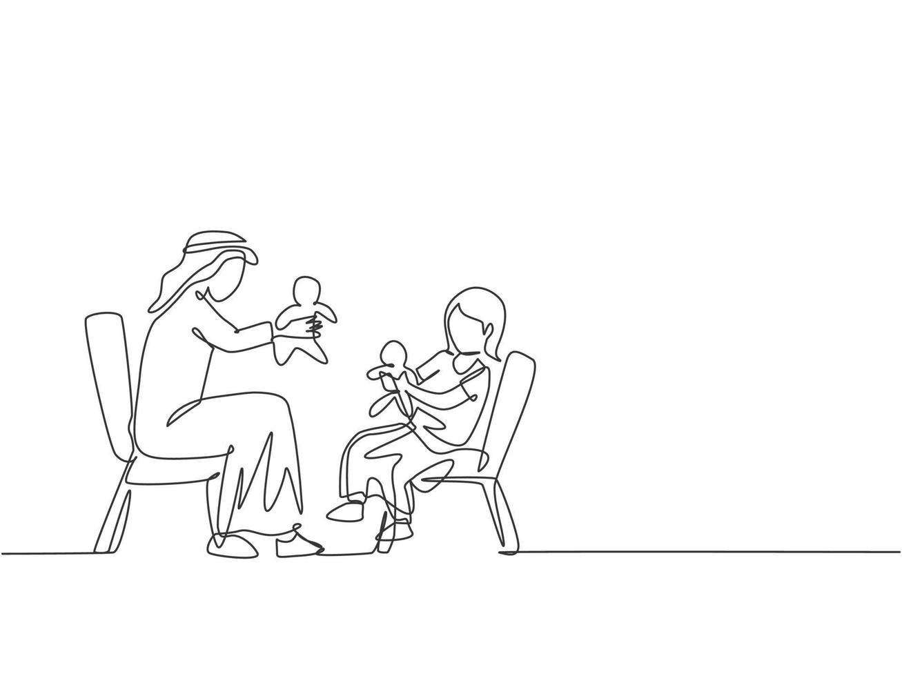 One continuous line drawing of young Arabian dad and daughter playing doll to wait fasting break. Happy Islamic muslim parenting family concept. Dynamic single line draw design vector illustration