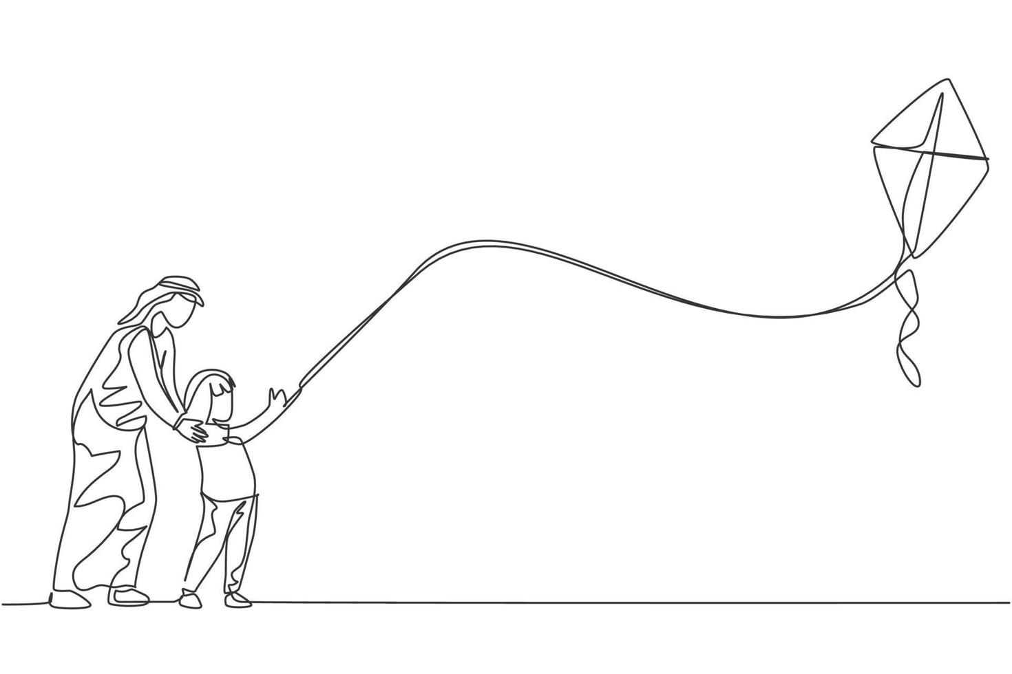 One continuous line drawing of young Arabian dan nad daughter flying kite together at outdoor field. Happy Islamic muslim parenting family concept. Dynamic single line draw design vector illustration