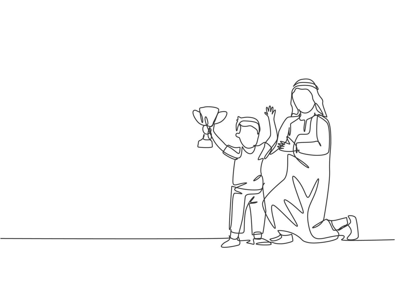 dibujo de una sola línea continua del joven padre árabe orgulloso de su hijo por ganar el trofeo. concepto de paternidad de familia feliz musulmana islámica. Ilustración de vector de diseño de dibujo de una línea de moda