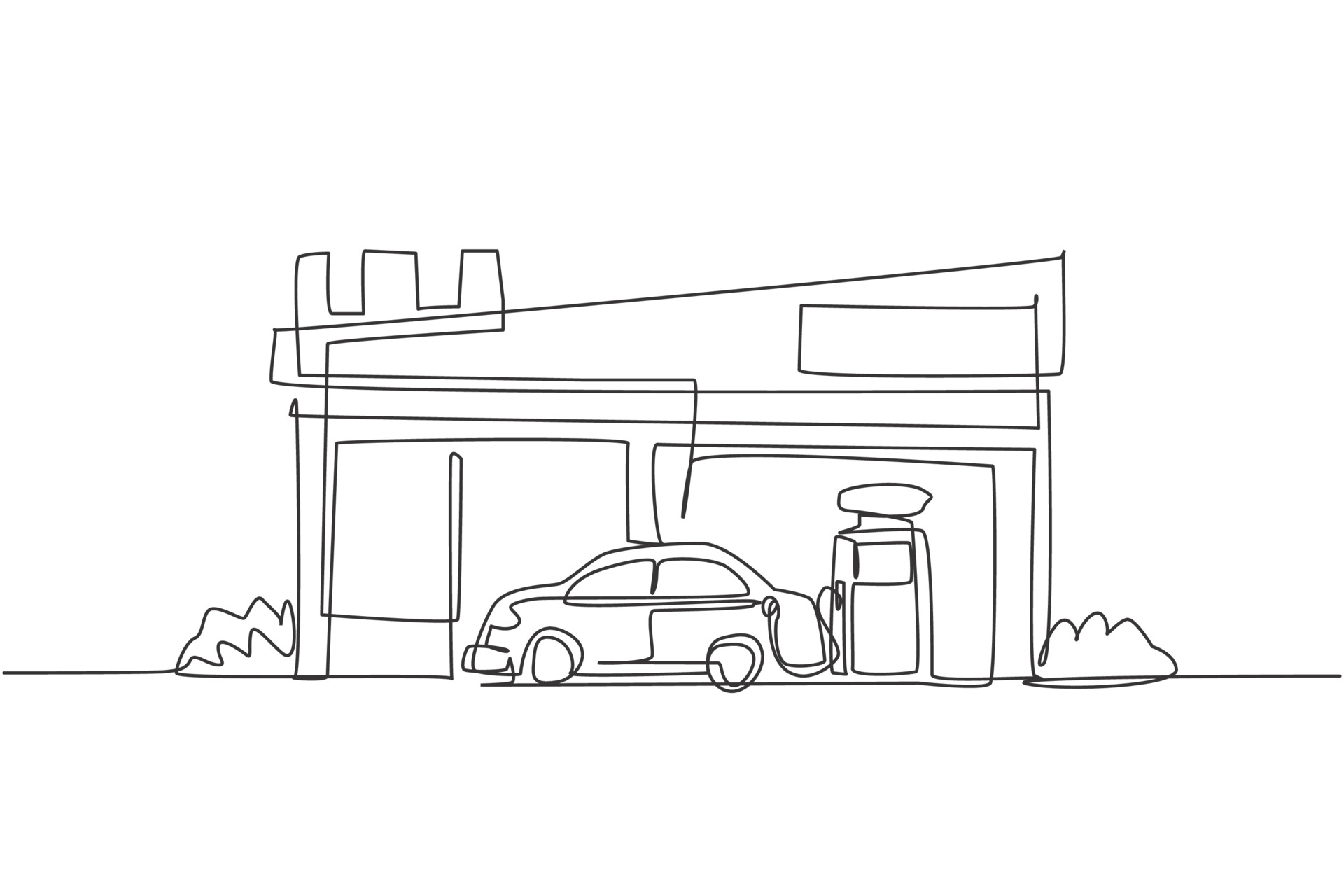 dibujo de una sola línea de gasolinera para repostar gasolina de coche.  Edificio de construcción de área de descanso aislado doodle concepto  mínimo. Ilustración de vector gráfico de diseño de dibujo de