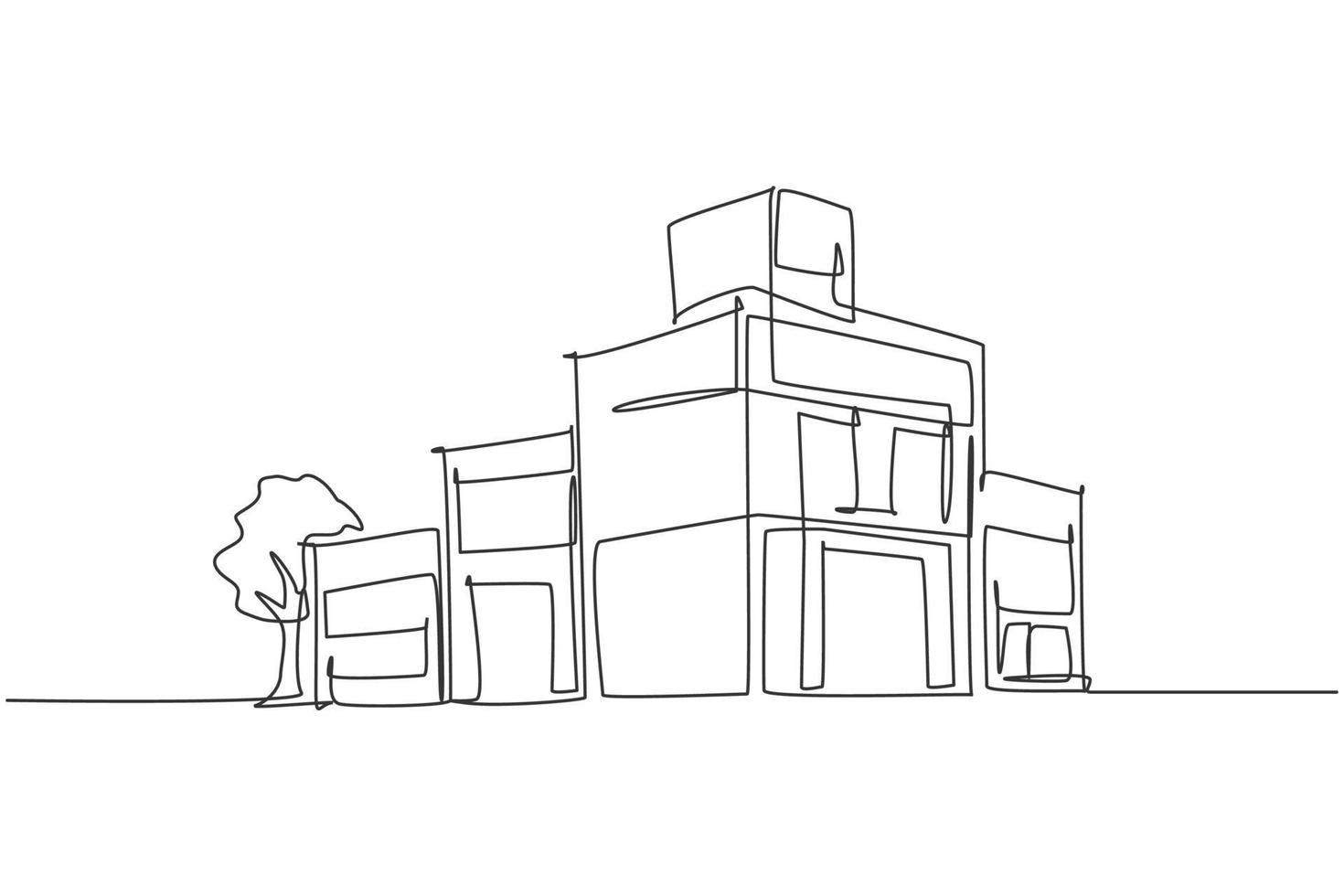 Dibujo de una sola línea del exterior arquitectónico de una casa grande y exclusiva. construcción de viviendas aisladas doodle concepto mínimo. Ilustración de vector gráfico de diseño de dibujo de línea continua de moda