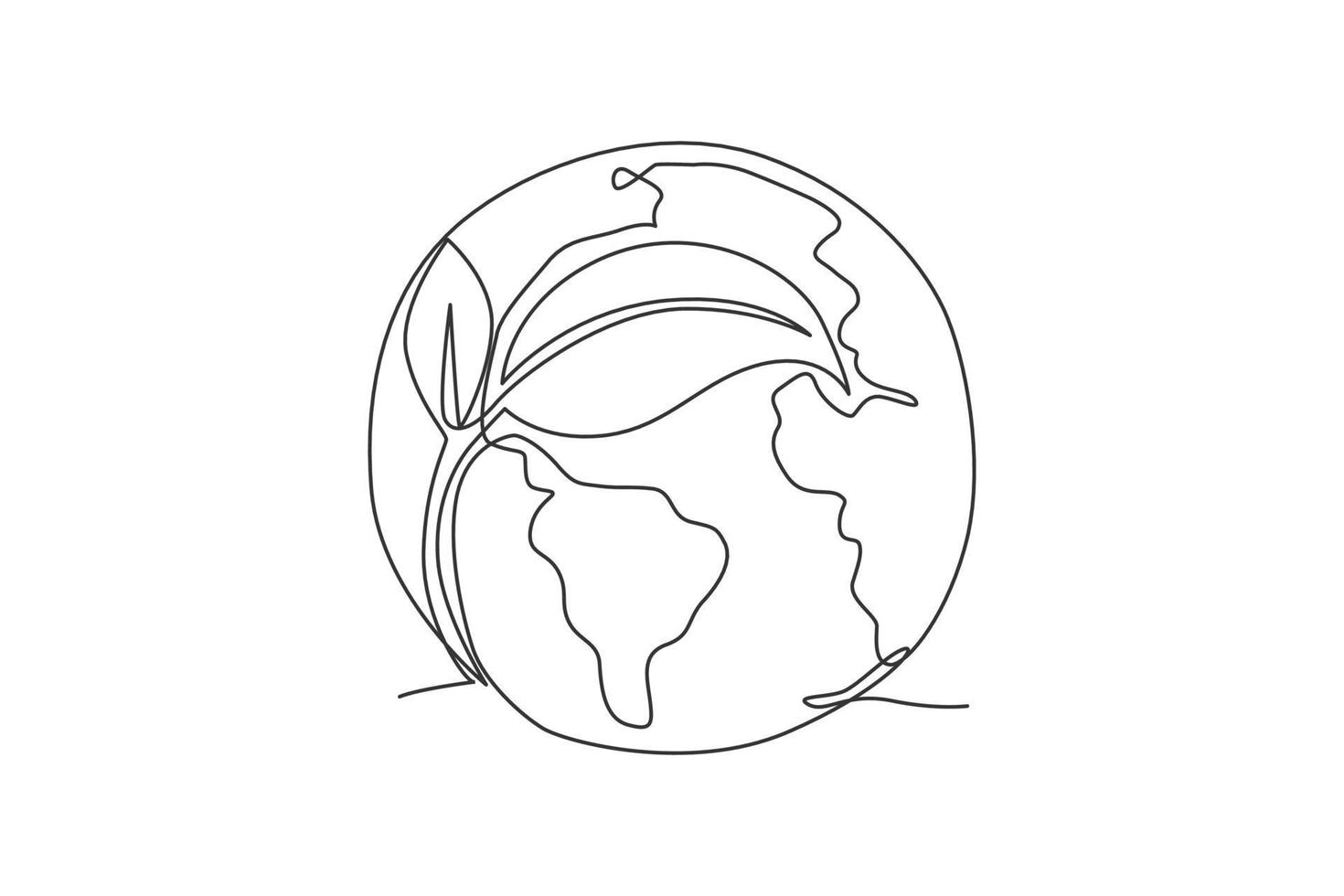 hoja verde en el mundo. Icono gráfico del mapa global natural del mundo de una sola línea continua. Doodle simple de una línea para salvar el concepto de tierra. diseño minimalista de la ilustración del vector aislado en el fondo blanco