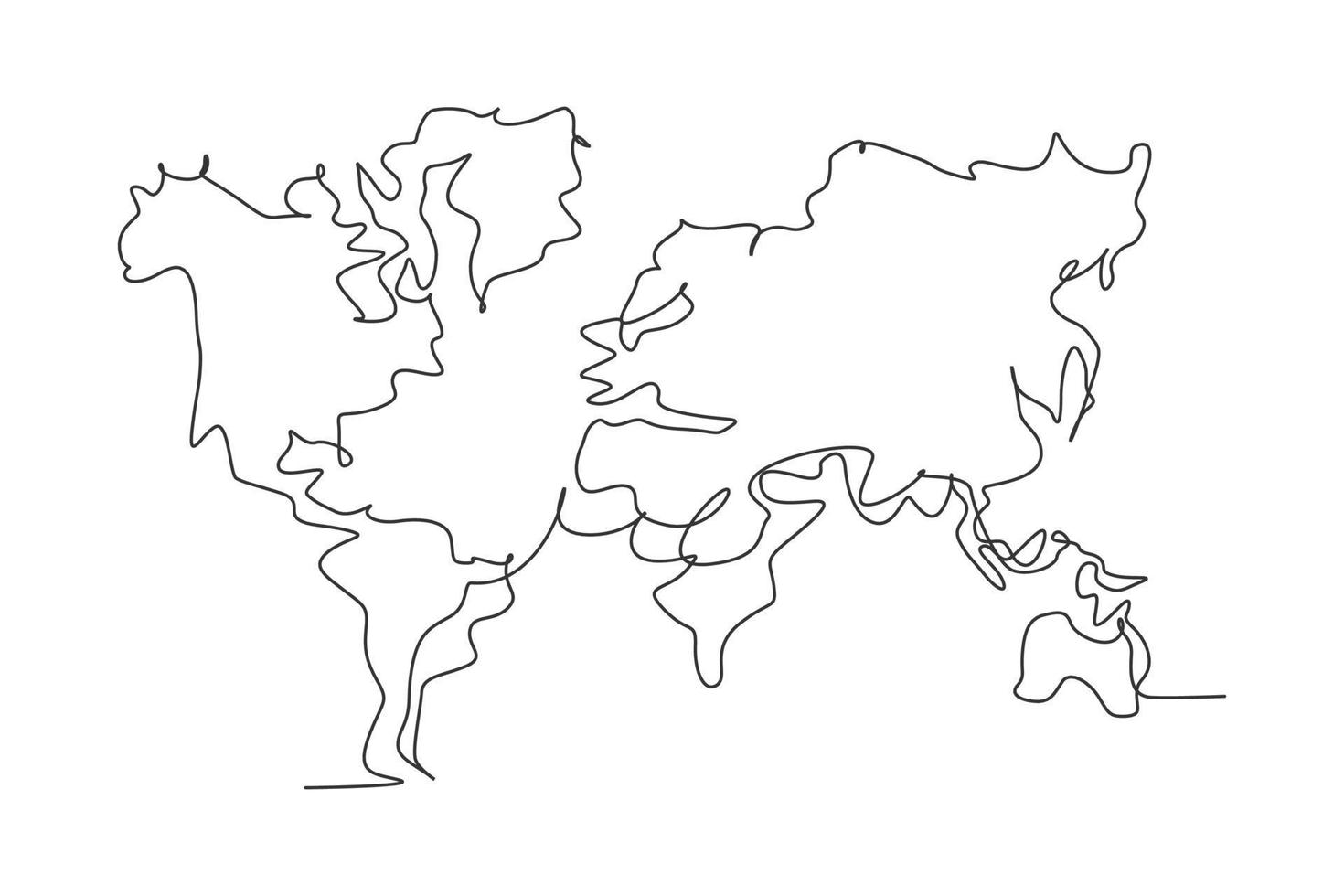 atlas mundial. dibujo continuo de una línea del diseño minimalista del ejemplo del vector del mapa del mundo en el fondo blanco. estilo gráfico moderno de línea simple aislada. concepto gráfico dibujado a mano para la educación