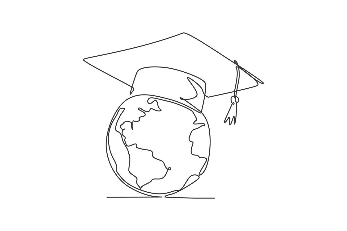 sombrero de graduación en el globo terráqueo. Icono gráfico de diploma global mundial de línea continua única. doodle de dibujo de una línea para el concepto de educación. diseño minimalista de la ilustración del vector aislado en el fondo blanco