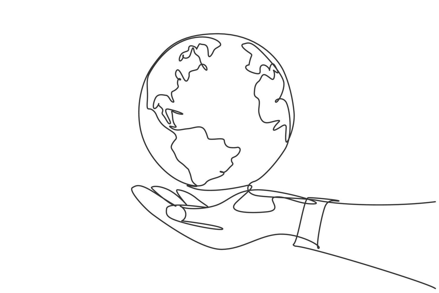 Un solo dibujo de una línea de manos sostiene la tierra redonda. silueta de icono de globo para el concepto de protección mundial. infografía, presentación de negocios aislada sobre fondo blanco. diseño gráfico vectorial ilustración vector