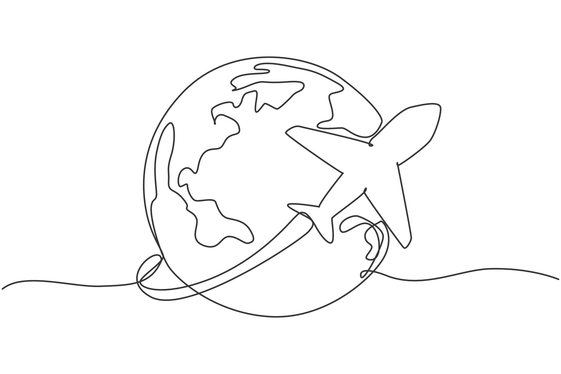 Single one line drawing of airplane fly through the sky. Globe icon ...