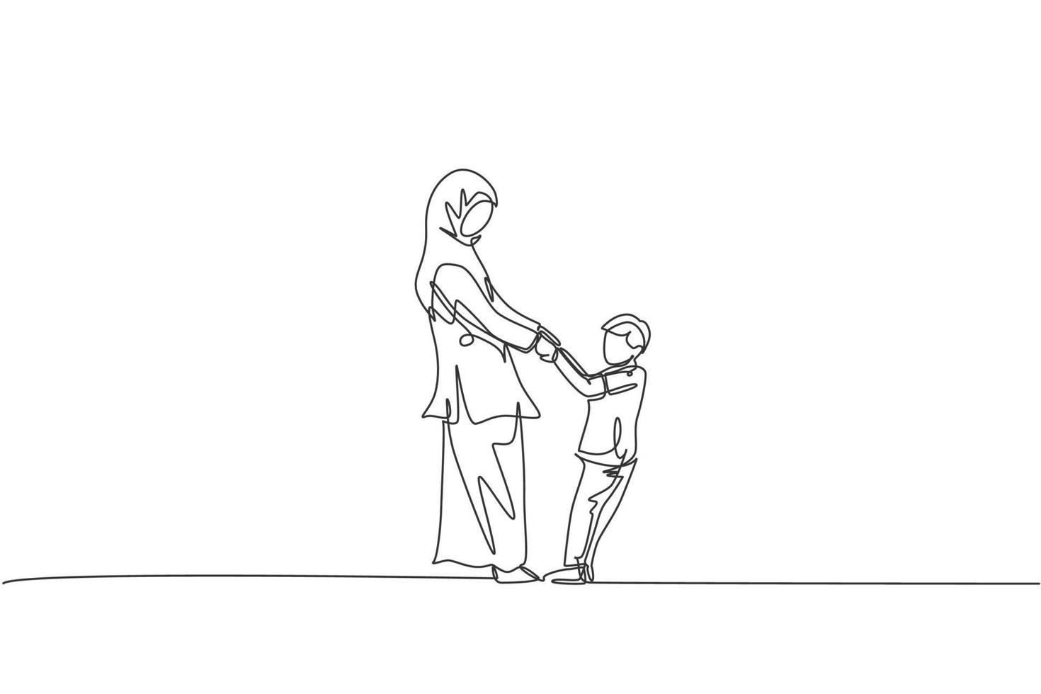 Single one line drawing of young Arabian mom and son playing and holding together at home vector illustration. Happy Islamic muslim family parenting concept. Modern continuous line graphic draw design